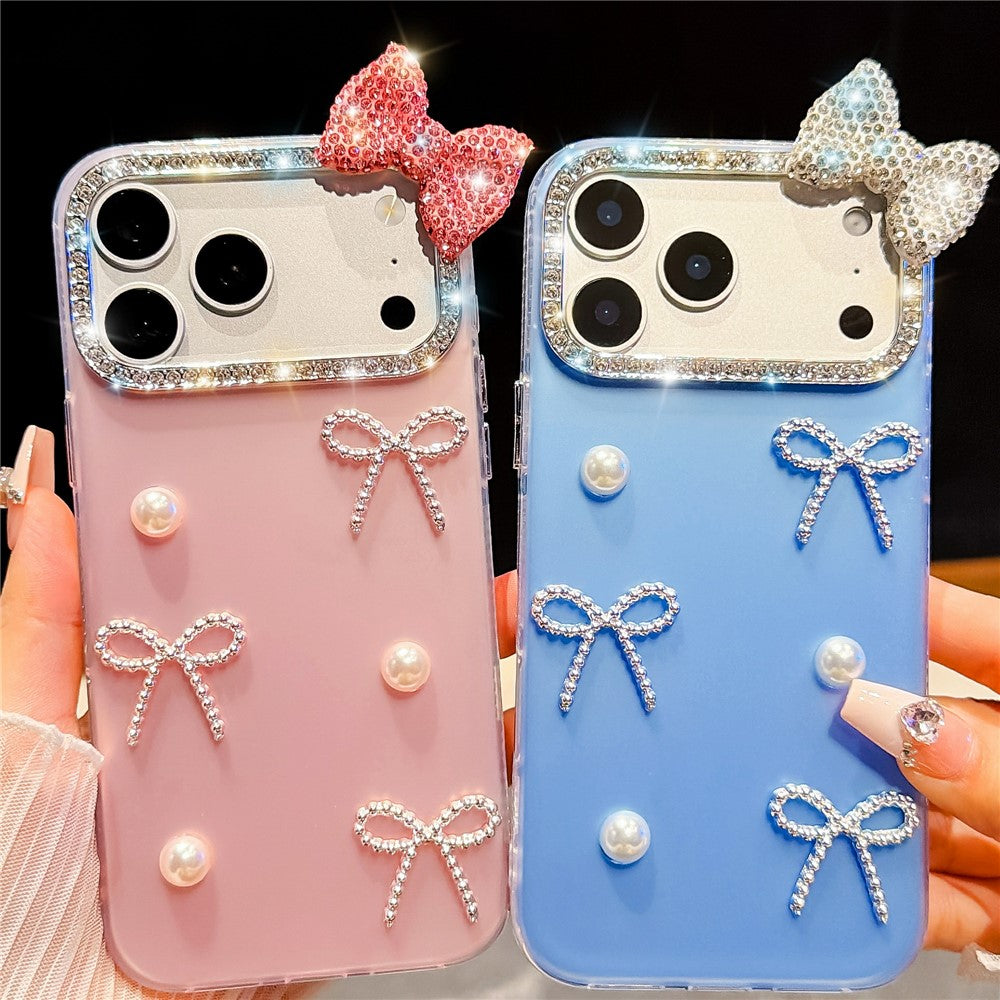 For iPhone 18 Pro Max / 17 Pro Max Case Pearl Bow Decor PC + TPU IMD Phone Cover with Rhinestone Camera Ring