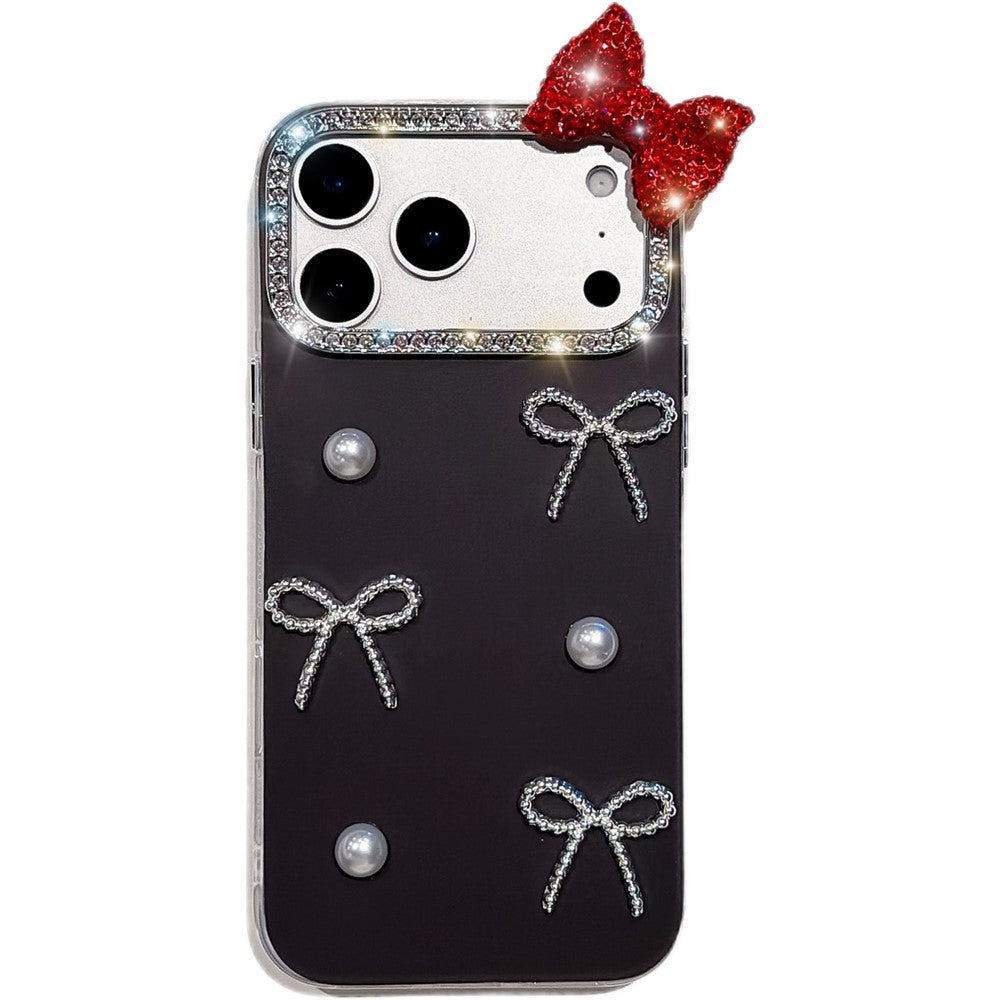 For iPhone 18 Pro Max / 17 Pro Max Case Pearl Bow Decor PC + TPU IMD Phone Cover with Rhinestone Camera Ring