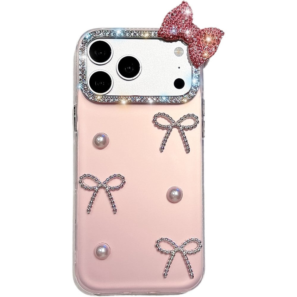 For iPhone 18 Pro Max / 17 Pro Max Case Pearl Bow Decor PC + TPU IMD Phone Cover with Rhinestone Camera Ring