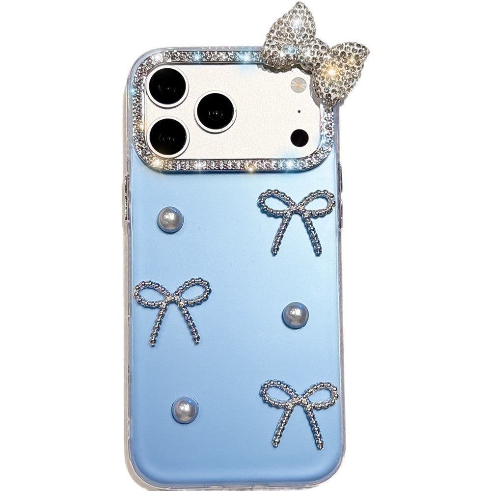 For iPhone 18 Pro Max / 17 Pro Max Case Pearl Bow Decor PC + TPU IMD Phone Cover with Rhinestone Camera Ring
