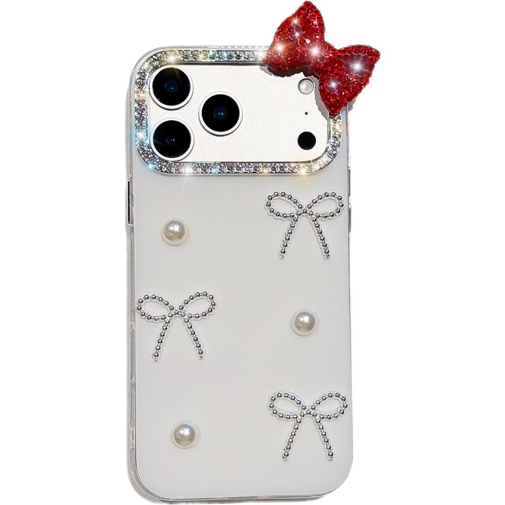 For iPhone 18 Pro / 17 Pro Case Pearl Bow Decor PC + TPU IMD Phone Cover with Rhinestone Camera Ring