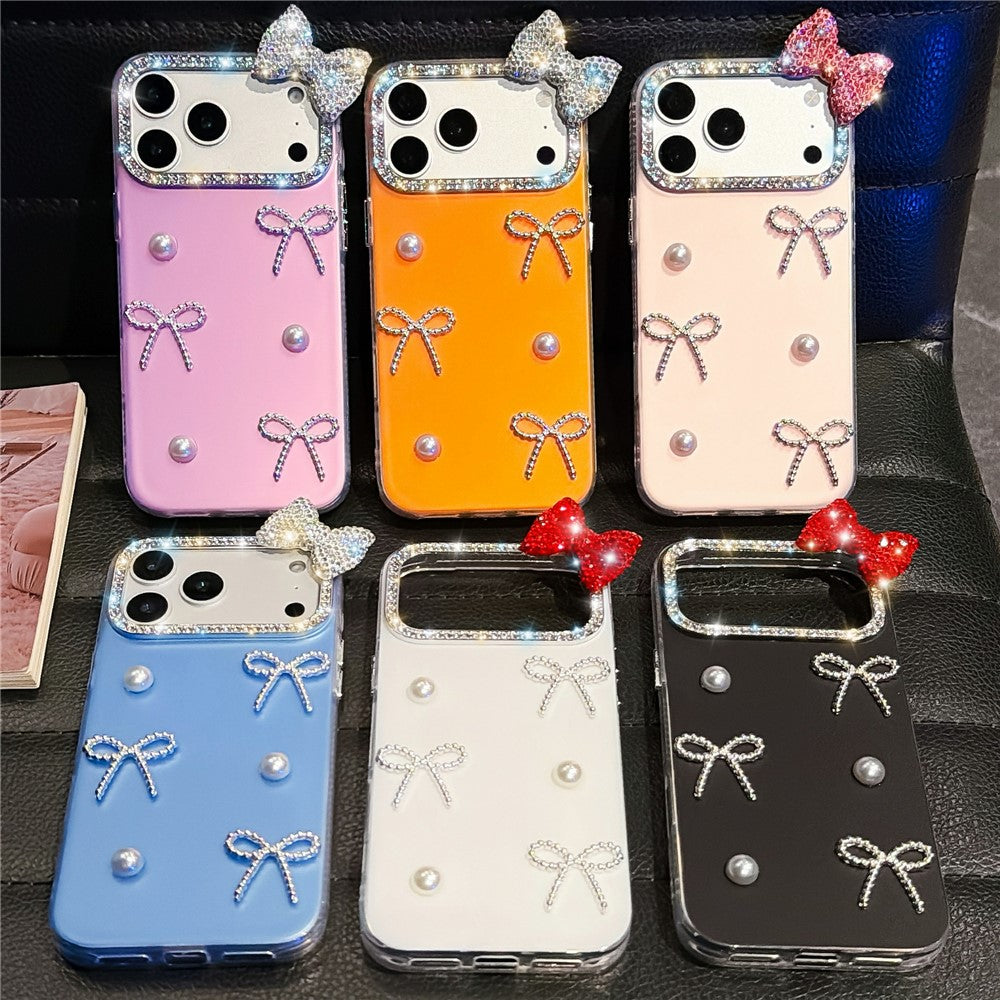 For iPhone 18 Pro / 17 Pro Case Pearl Bow Decor PC + TPU IMD Phone Cover with Rhinestone Camera Ring