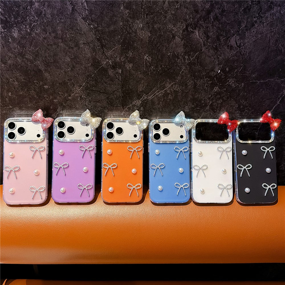 For iPhone 18 Pro / 17 Pro Case Pearl Bow Decor PC + TPU IMD Phone Cover with Rhinestone Camera Ring