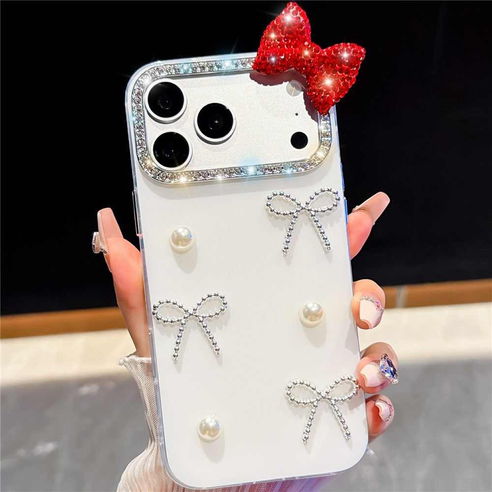 For iPhone 18 Pro / 17 Pro Case Pearl Bow Decor PC + TPU IMD Phone Cover with Rhinestone Camera Ring