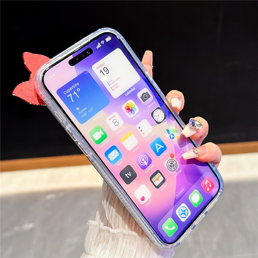 For iPhone 18 Pro / 17 Pro Case Pearl Bow Decor PC + TPU IMD Phone Cover with Rhinestone Camera Ring