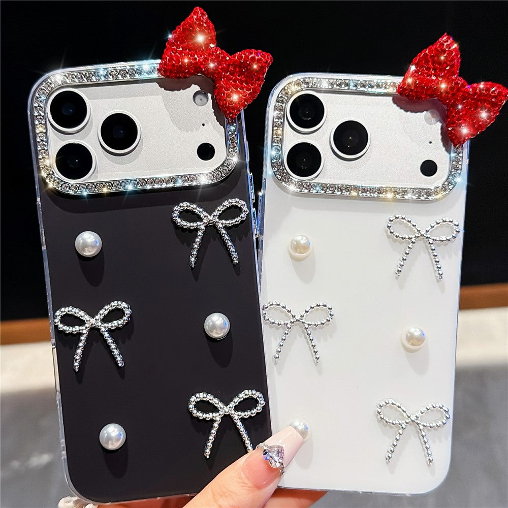 For iPhone 18 Pro / 17 Pro Case Pearl Bow Decor PC + TPU IMD Phone Cover with Rhinestone Camera Ring