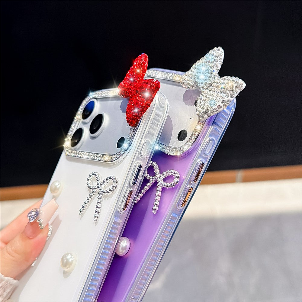 For iPhone 18 Pro / 17 Pro Case Pearl Bow Decor PC + TPU IMD Phone Cover with Rhinestone Camera Ring