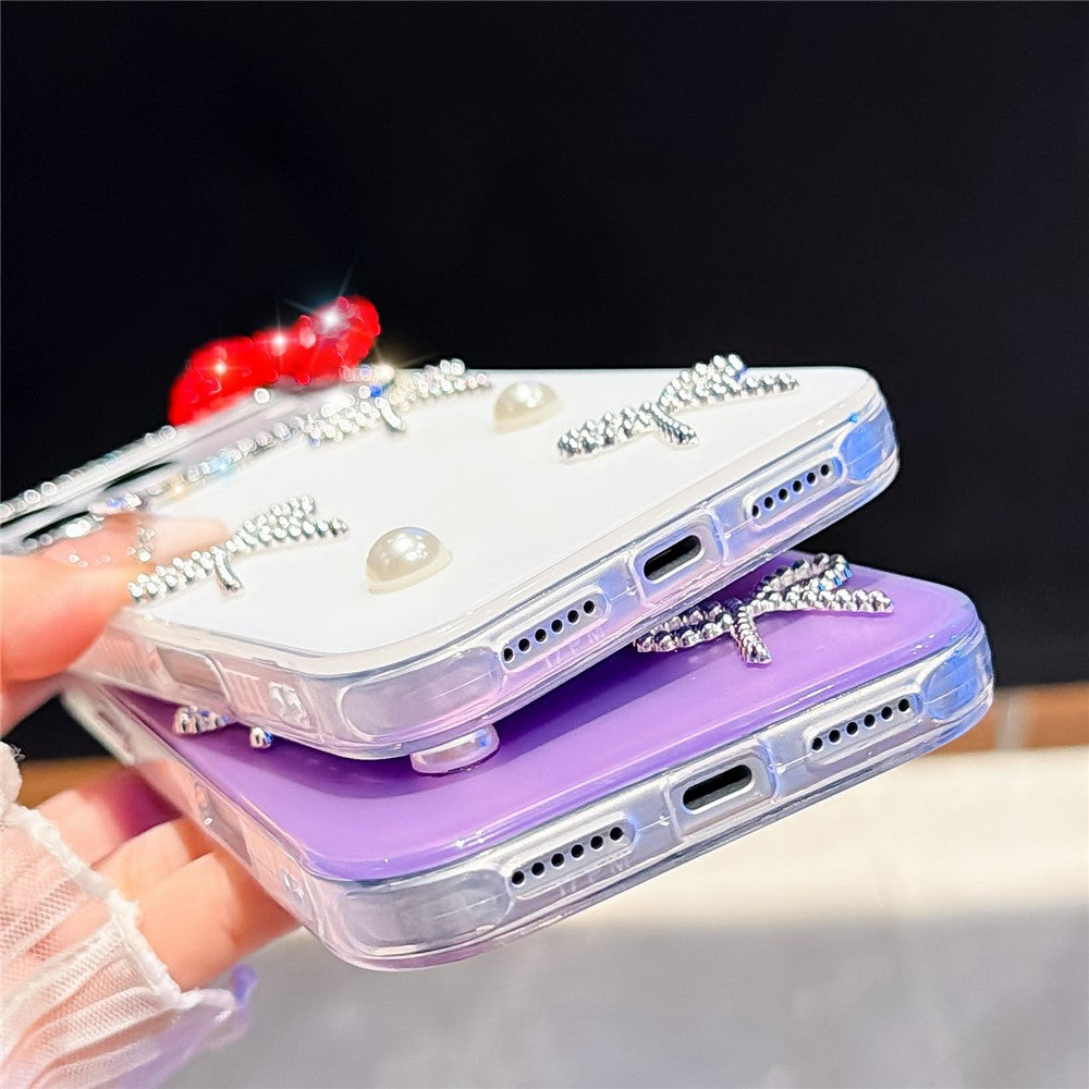 For iPhone 18 Pro / 17 Pro Case Pearl Bow Decor PC + TPU IMD Phone Cover with Rhinestone Camera Ring