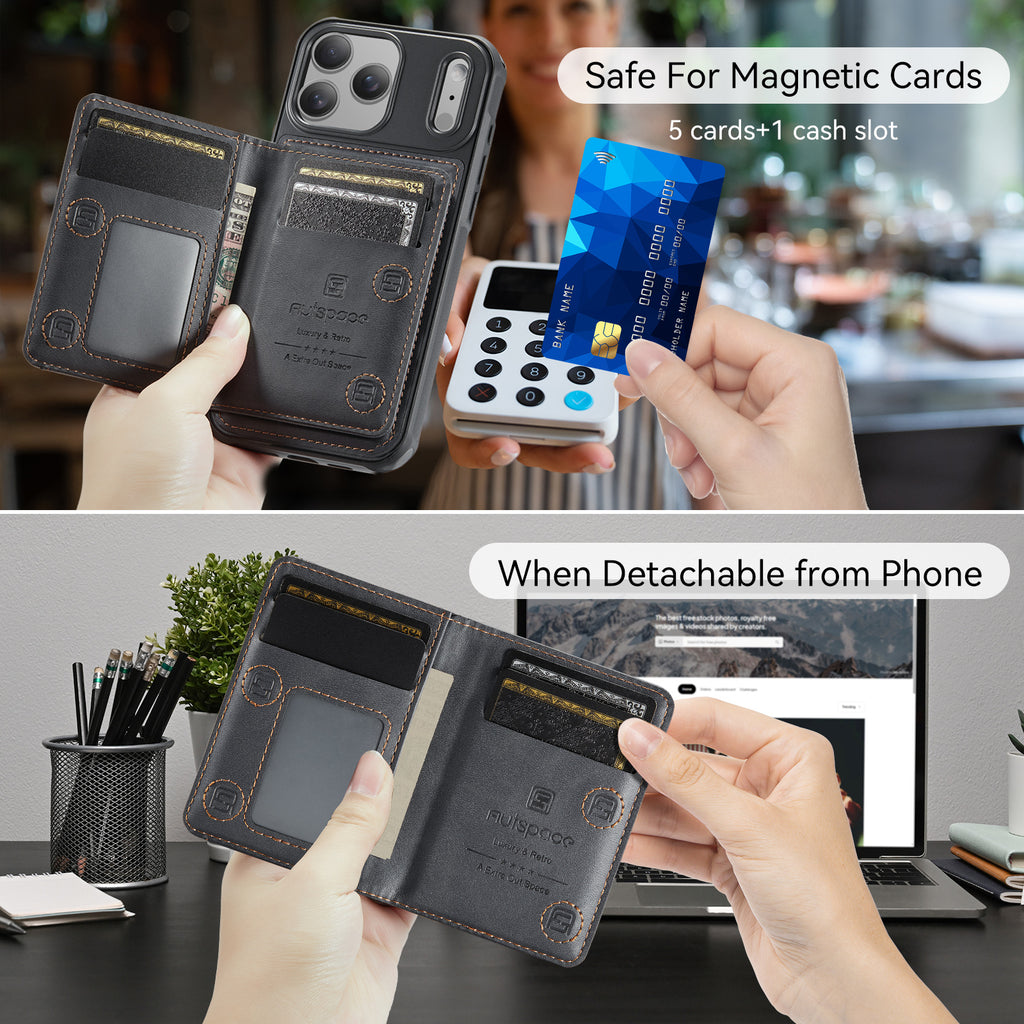 AUTSPACE for iPhone 17 Pro Case  A13 Vintage Leather Back Cover with Magnetic Detachable Card Bag