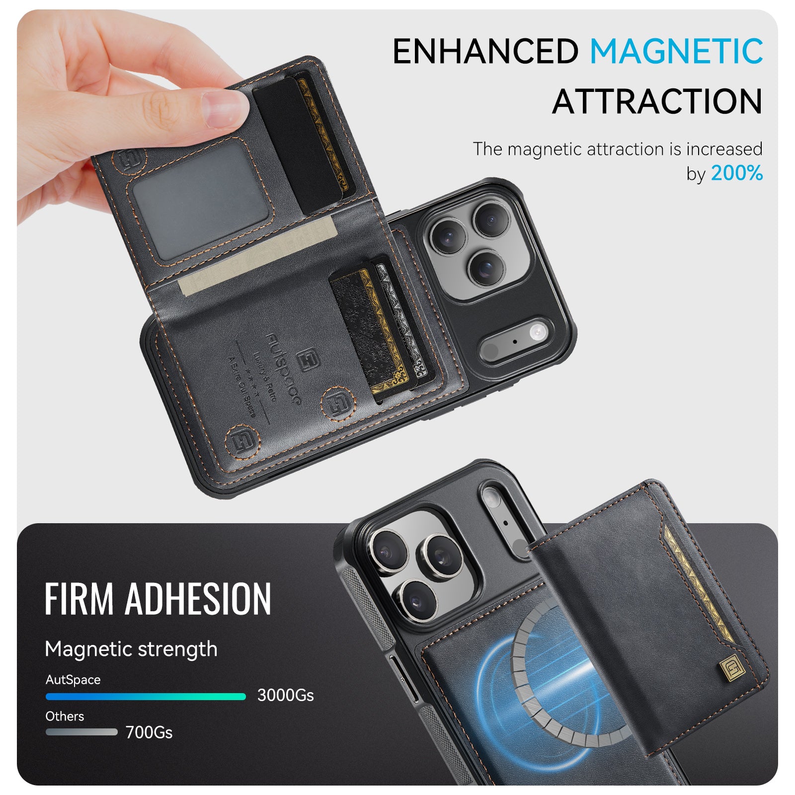 AUTSPACE for iPhone 17 Pro Case  A13 Vintage Leather Back Cover with Magnetic Detachable Card Bag