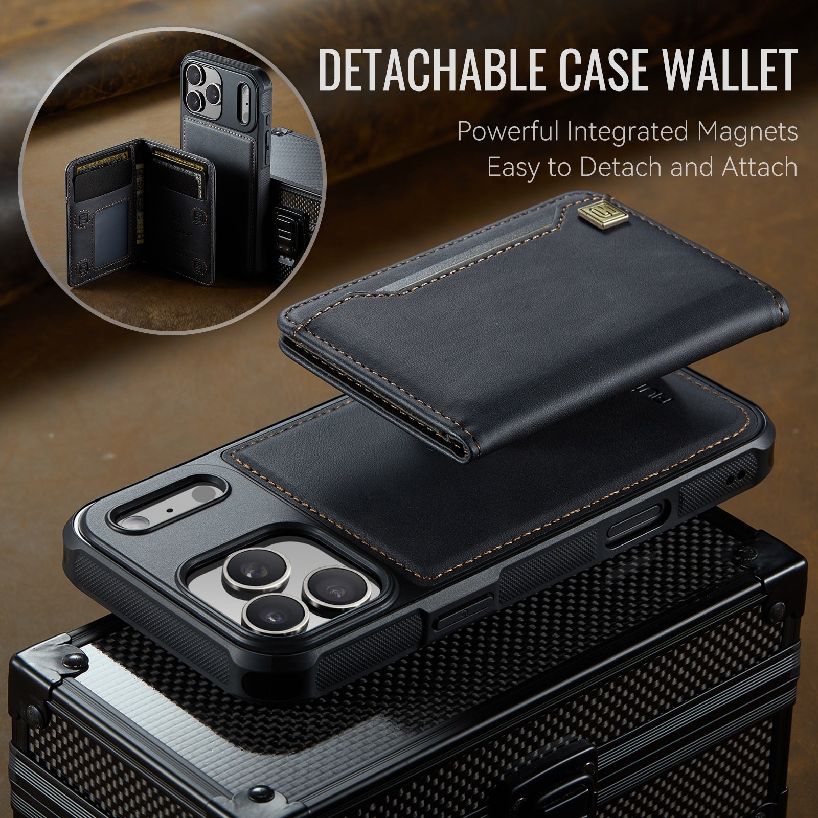 AUTSPACE for iPhone 17 Pro Case  A13 Vintage Leather Back Cover with Magnetic Detachable Card Bag