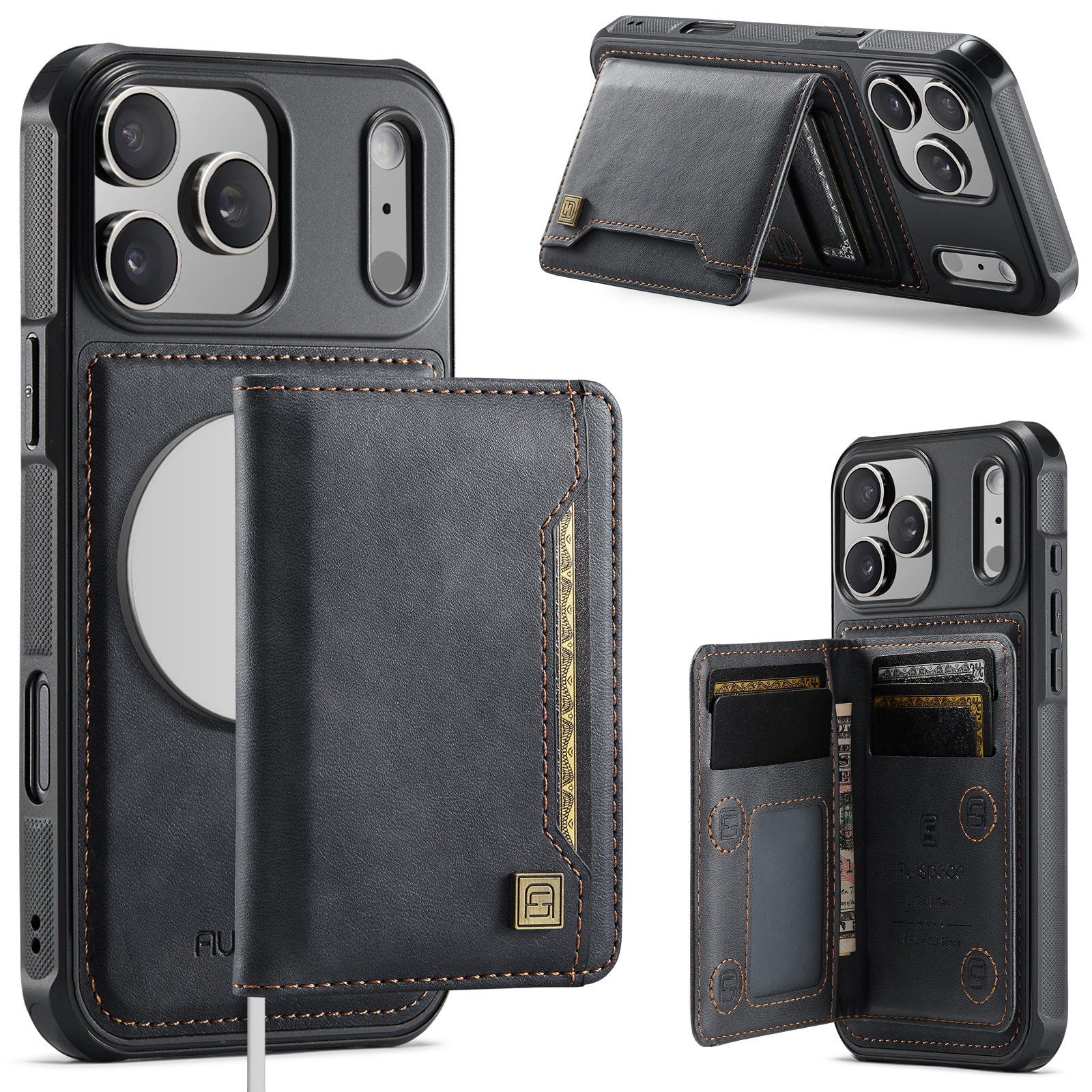 AUTSPACE for iPhone 17 Pro Max Case  A13 Vintage Leather Back Cover with Magnetic Detachable Card Bag