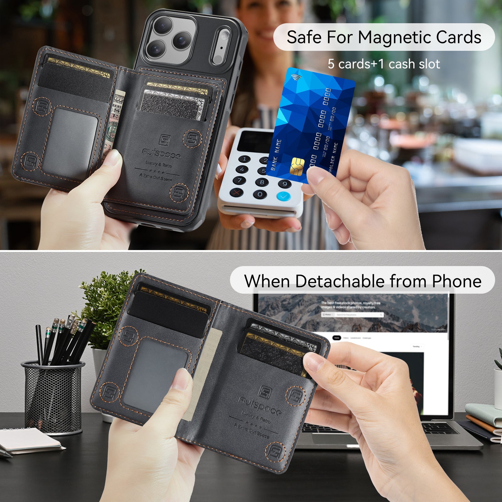 AUTSPACE for iPhone 17 Pro Max Case  A13 Vintage Leather Back Cover with Magnetic Detachable Card Bag