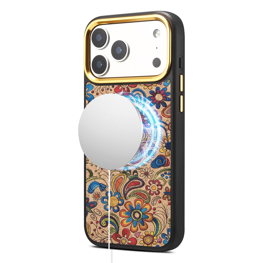 DENIOR A28+1 For iPhone 17 Pro Magnetic Case with Golden Lens Frame Floral Embroidery Leather Back Phone Cover