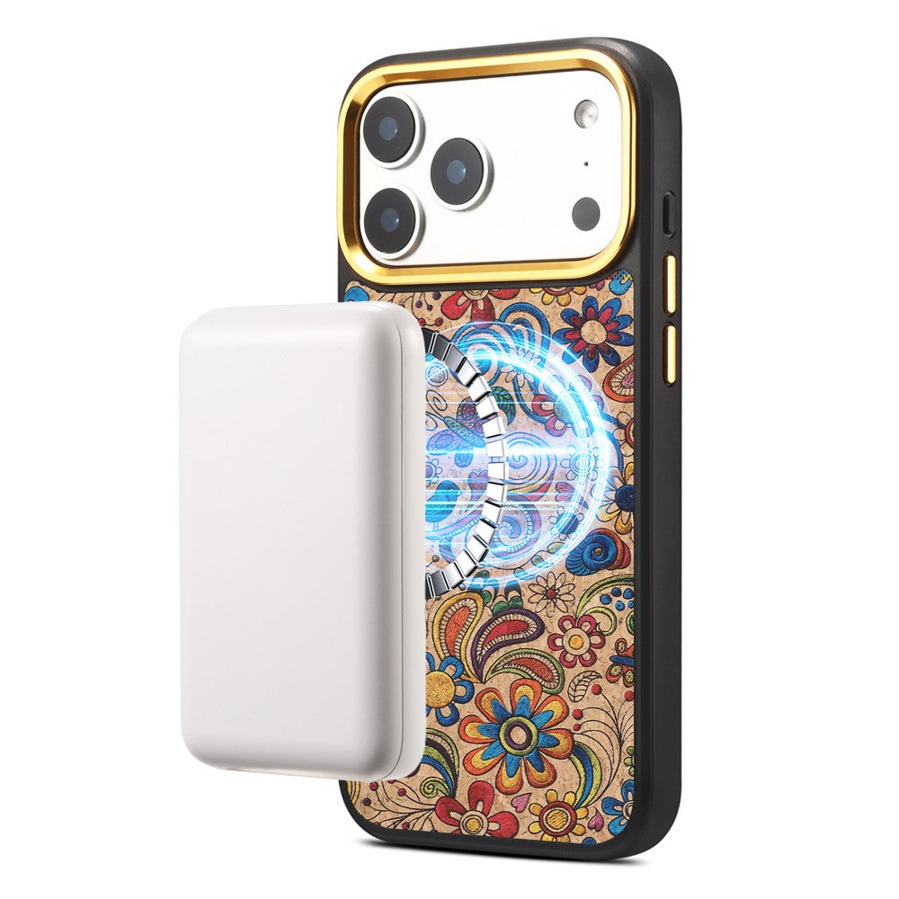 DENIOR A28+1 For iPhone 17 Pro Magnetic Case with Golden Lens Frame Floral Embroidery Leather Back Phone Cover