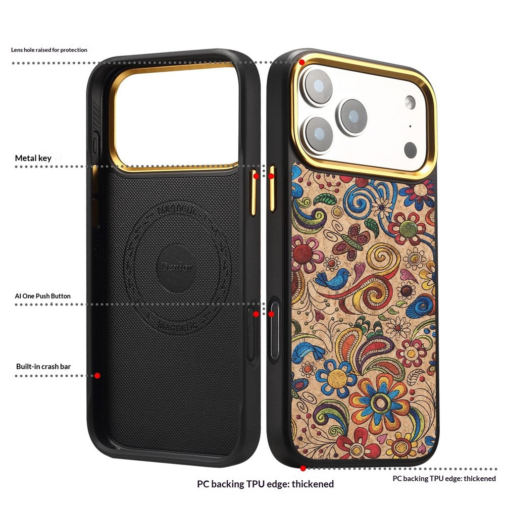 DENIOR A28+1 For iPhone 17 Pro Max Magnetic Case with Golden Lens Frame Floral Embroidery Leather Back Phone Cover