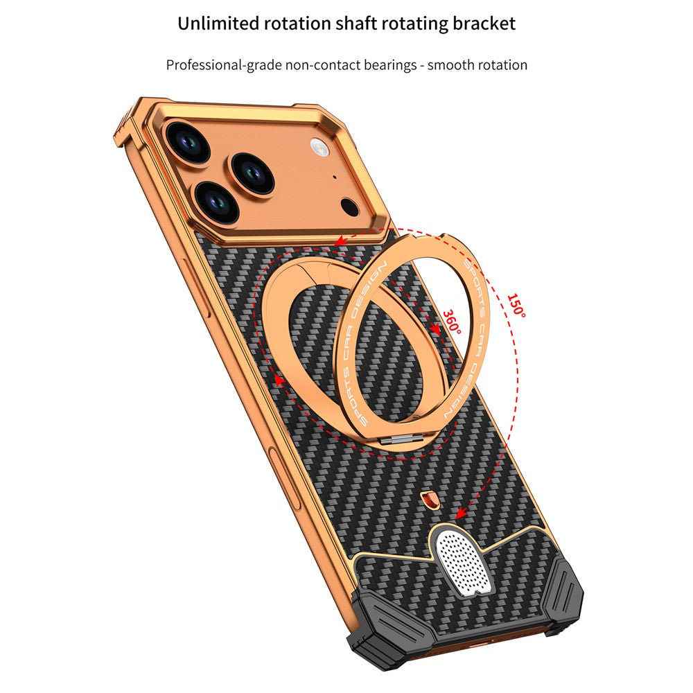 For iPhone 17 Pro Aramid Fiber Case Magnetic Rotating Kickstand Carbon Fiber Texture Frameless Phone Cover