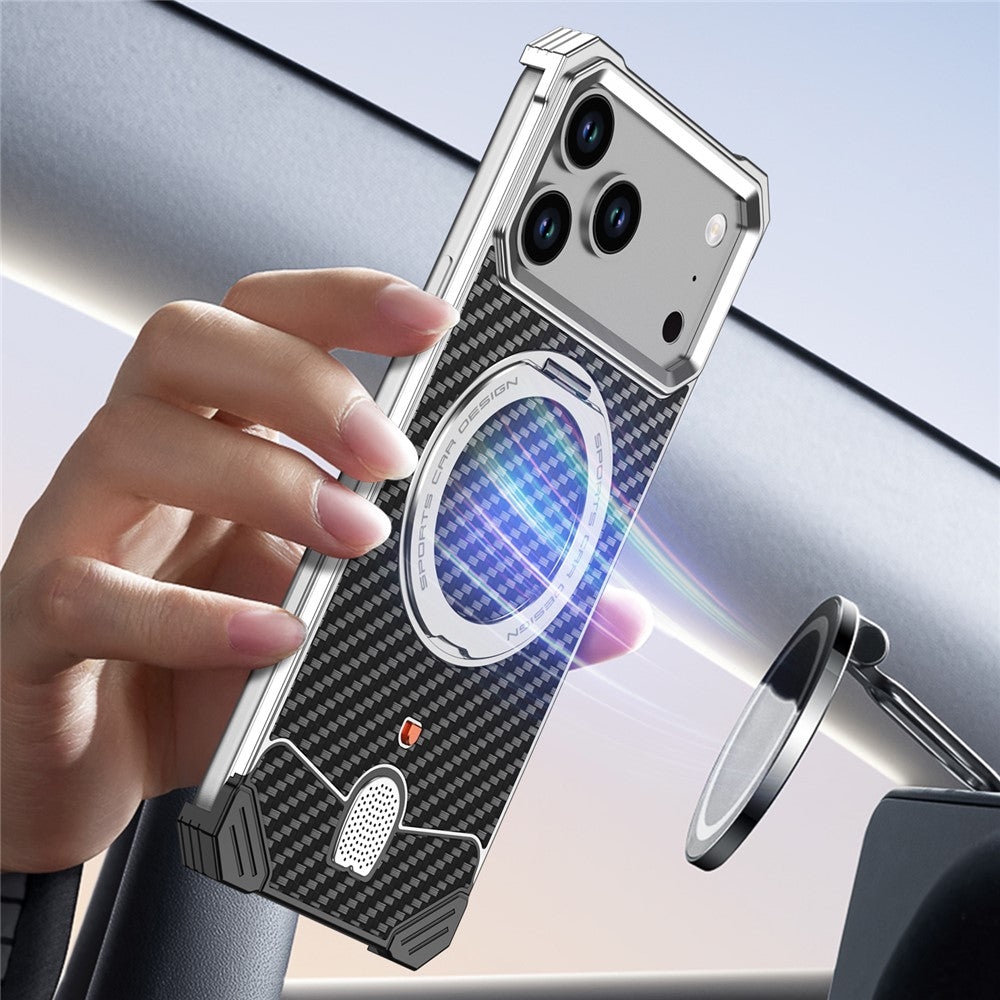 For iPhone 17 Pro Aramid Fiber Case Magnetic Rotating Kickstand Carbon Fiber Texture Frameless Phone Cover