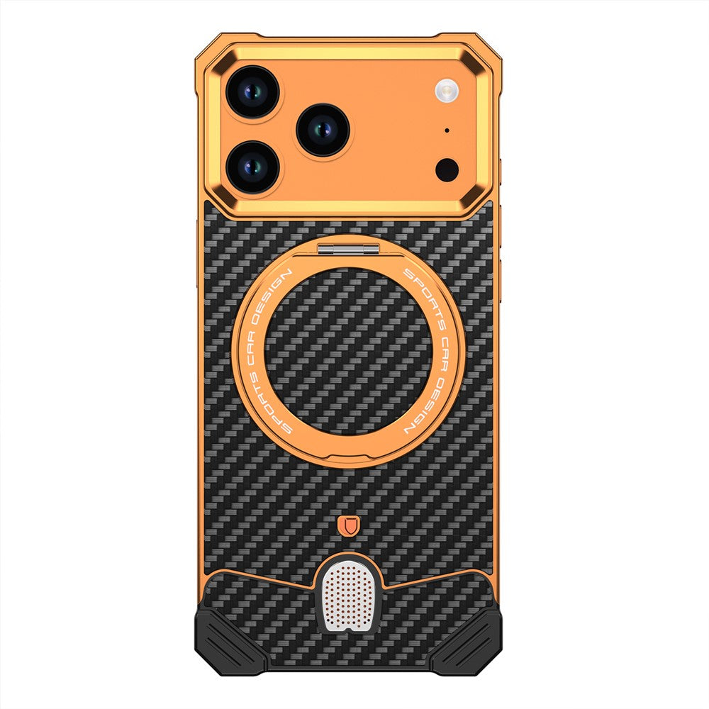 For iPhone 17 Pro Max Aramid Fiber Case Magnetic Rotating Kickstand Carbon Fiber Texture Frameless Phone Cover