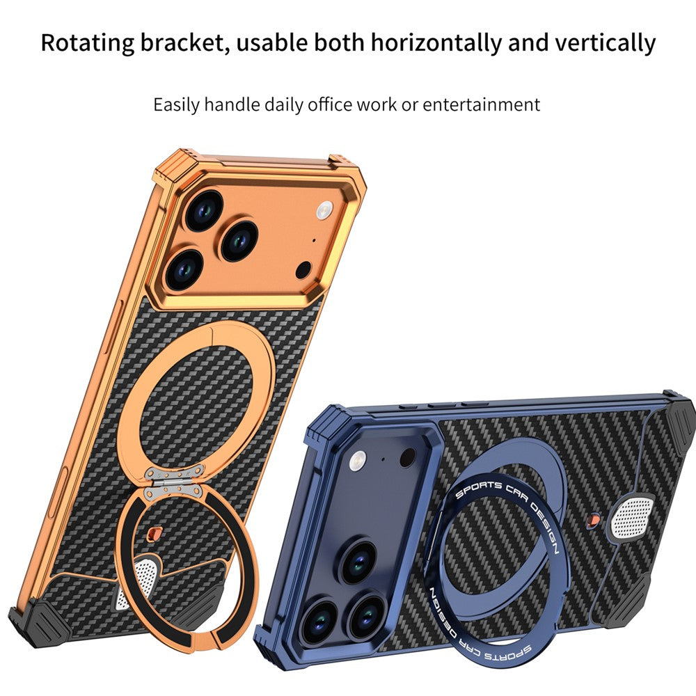 For iPhone 17 Pro Max Aramid Fiber Case Magnetic Rotating Kickstand Carbon Fiber Texture Frameless Phone Cover