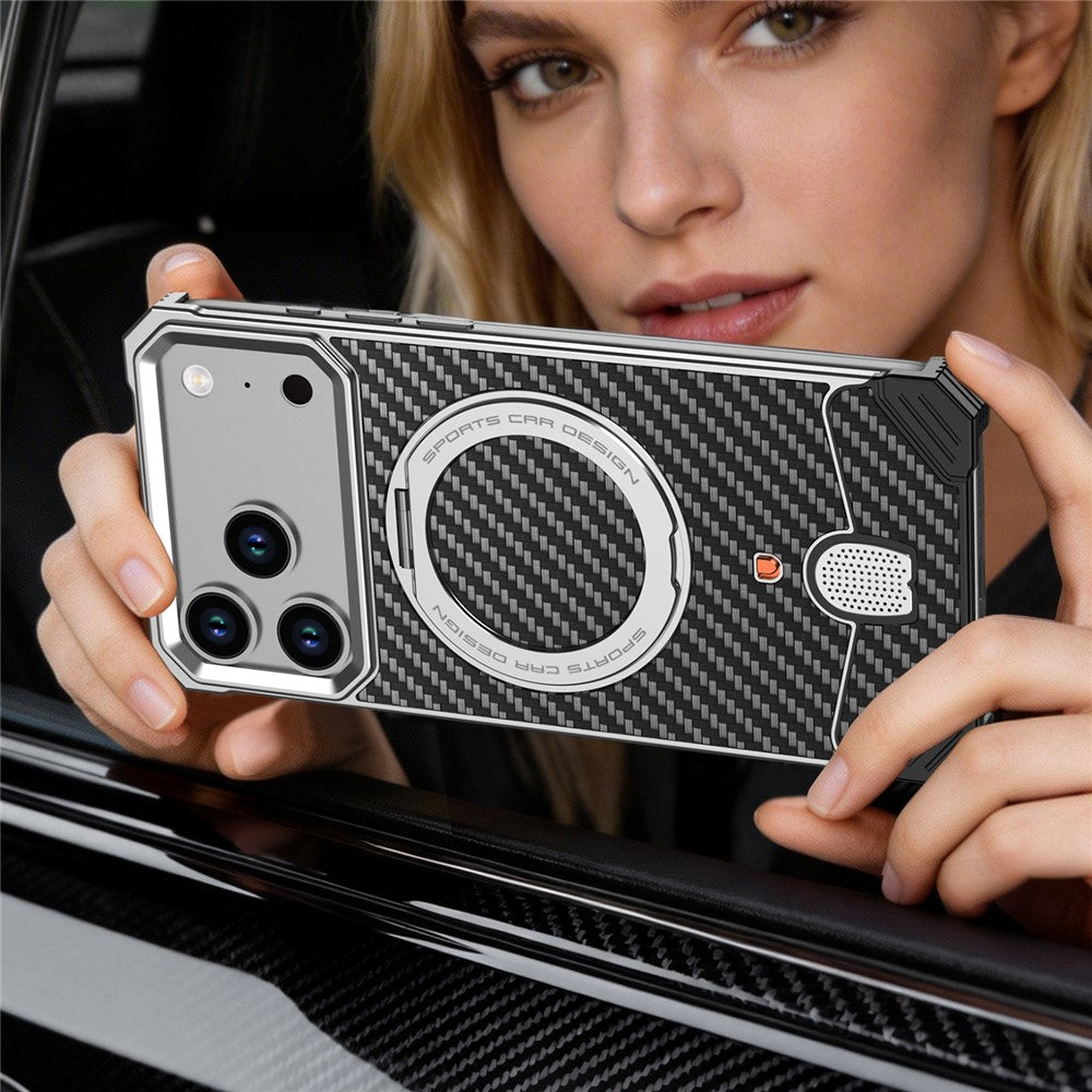 For iPhone 17 Pro Max Aramid Fiber Case Magnetic Rotating Kickstand Carbon Fiber Texture Frameless Phone Cover