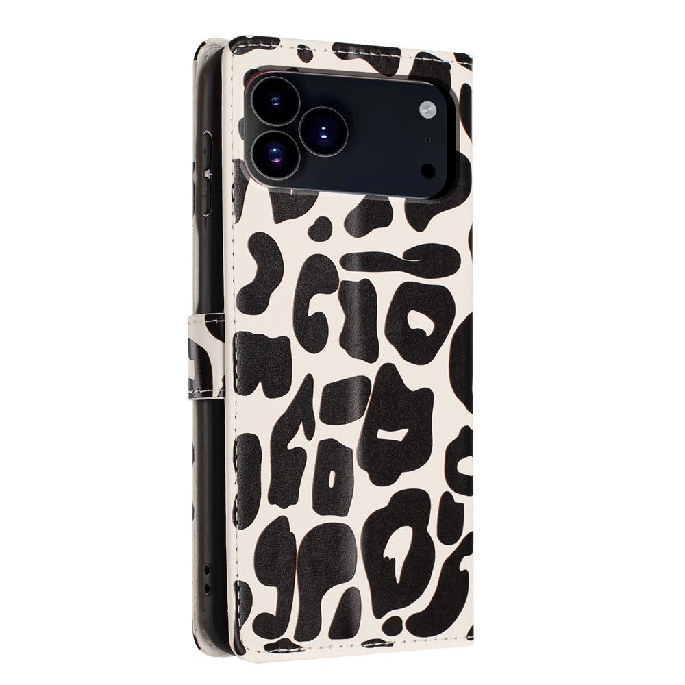 For iPhone 17 Pro Max Case Leopard Print Wallet Stand Flip Leather Phone Cover with Wrist Strap