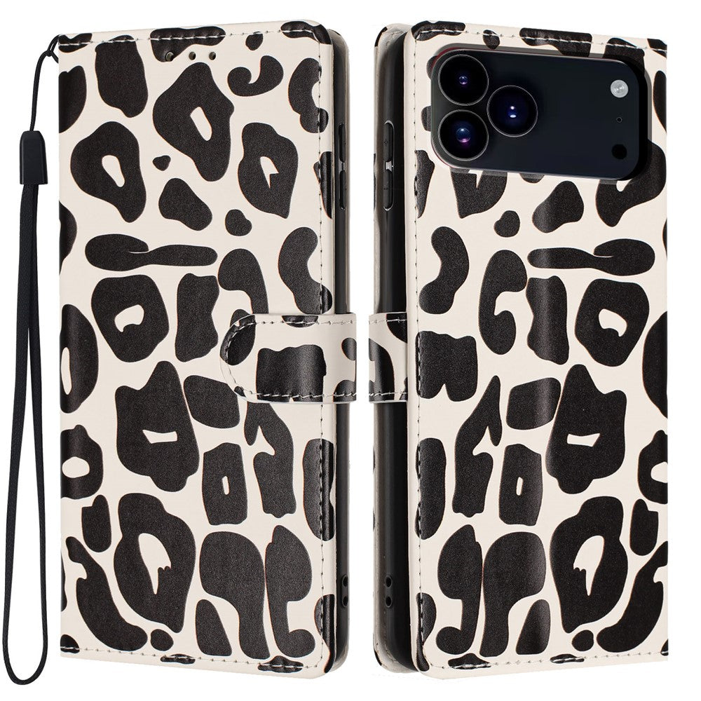 For iPhone 17 Pro Case Leopard Print Wallet Stand Flip Leather Phone Cover with Wrist Strap