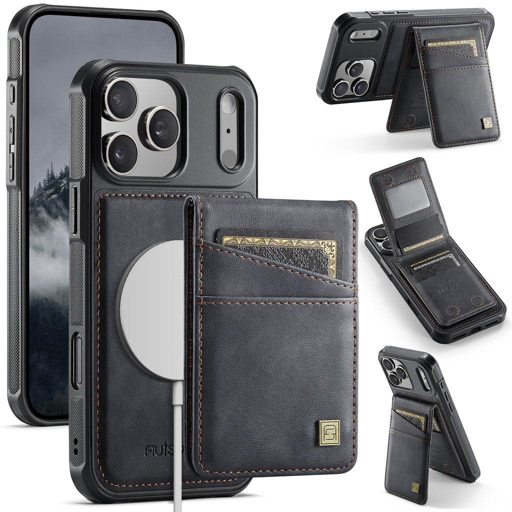 AUTSPACE for iPhone 17 Pro Case  A12 Leather Back Cover with Magnetic Detachable Card Bag Kickstand