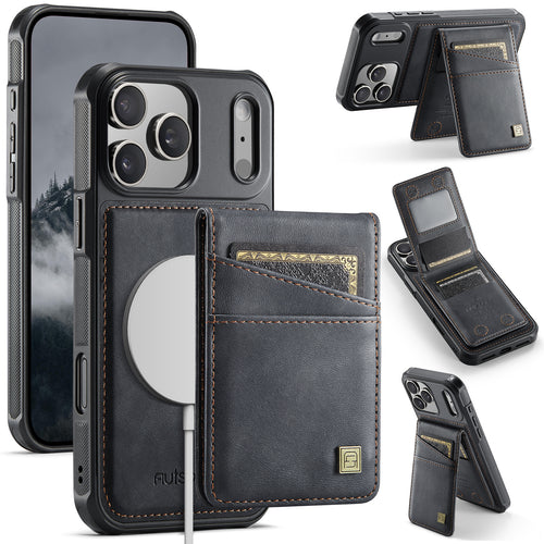 AUTSPACE A12 iPhone 17 Pro Leather Case with Card Bag & Kickstand