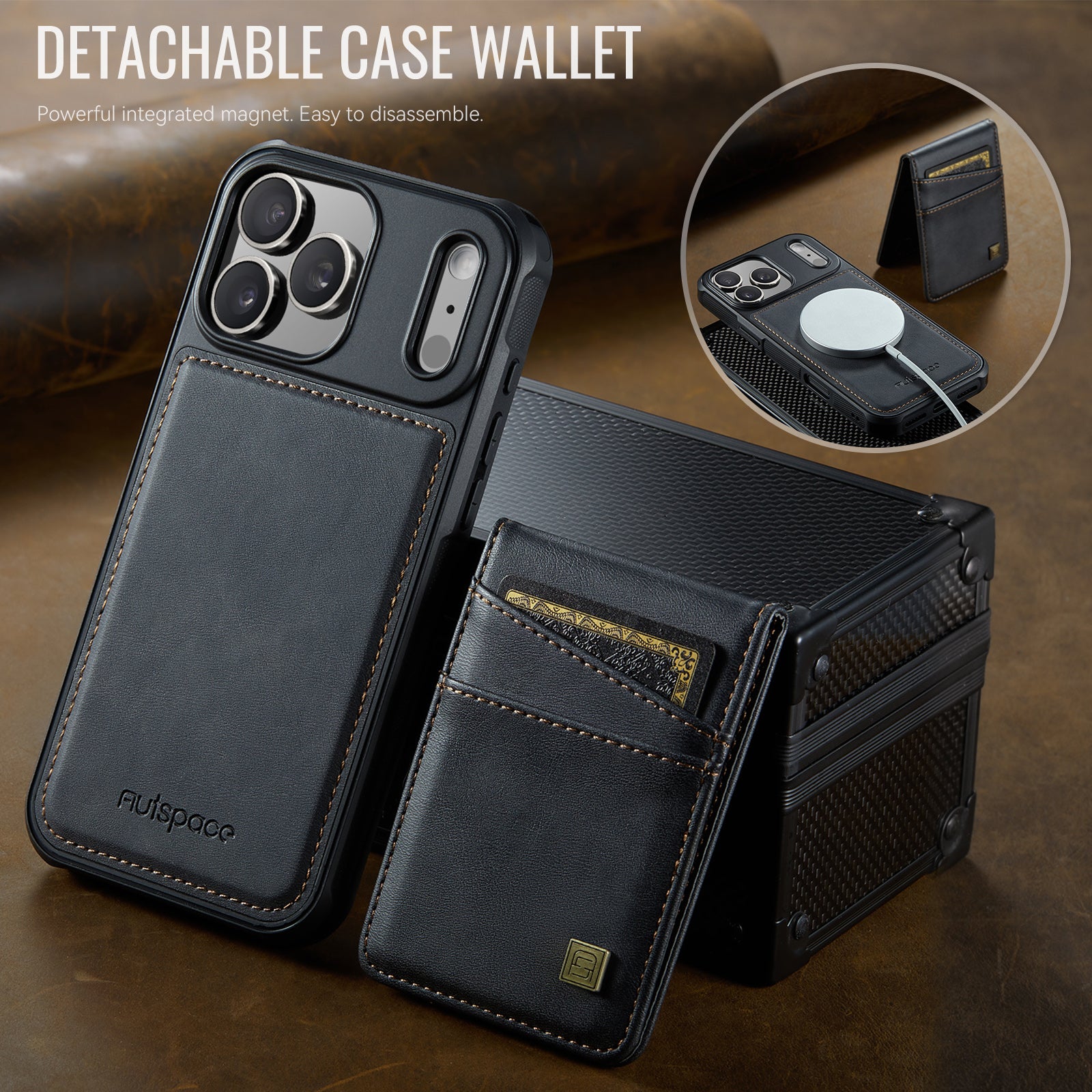 AUTSPACE for iPhone 17 Pro Case  A12 Leather Back Cover with Magnetic Detachable Card Bag Kickstand