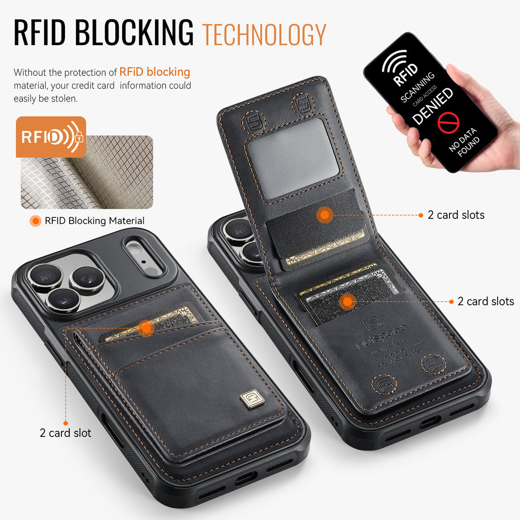 AUTSPACE for iPhone 17 Pro Case  A12 Leather Back Cover with Magnetic Detachable Card Bag Kickstand