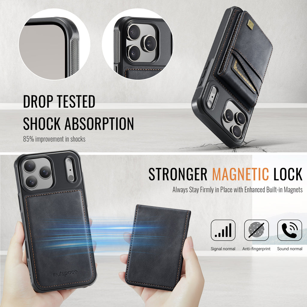 AUTSPACE for iPhone 17 Pro Case  A12 Leather Back Cover with Magnetic Detachable Card Bag Kickstand