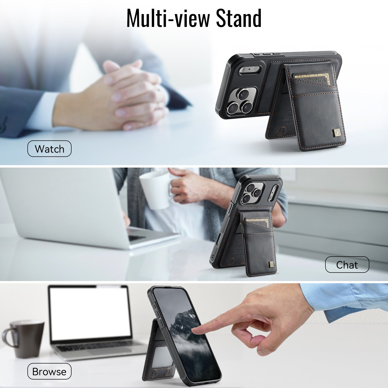 AUTSPACE for iPhone 17 Pro Case  A12 Leather Back Cover with Magnetic Detachable Card Bag Kickstand