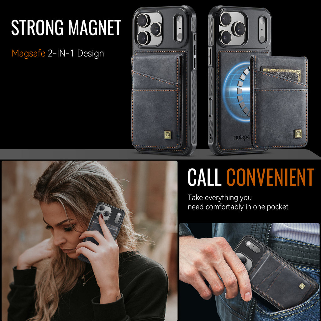 AUTSPACE for iPhone 17 Pro Case  A12 Leather Back Cover with Magnetic Detachable Card Bag Kickstand