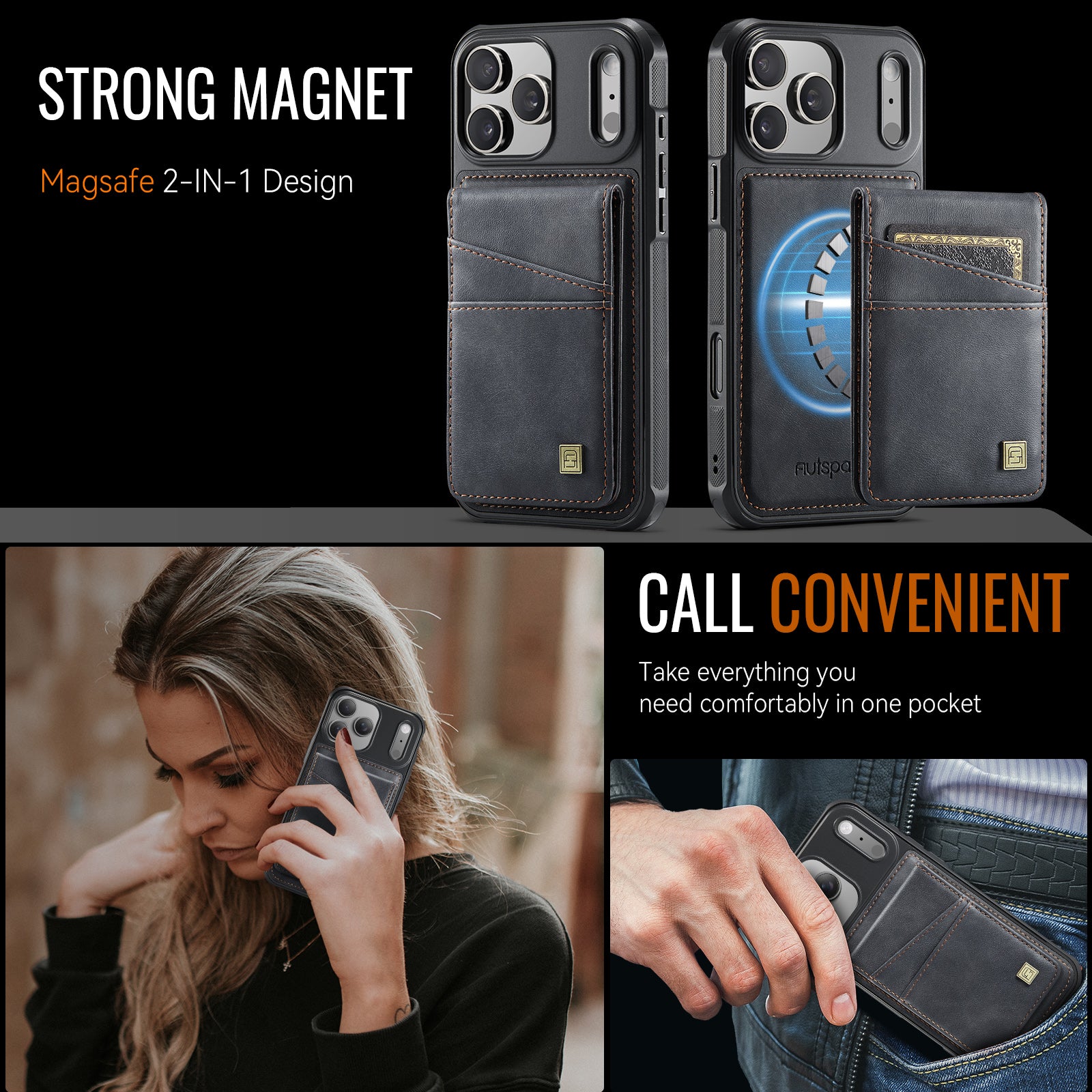 AUTSPACE for iPhone 17 Pro Case  A12 Leather Back Cover with Magnetic Detachable Card Bag Kickstand