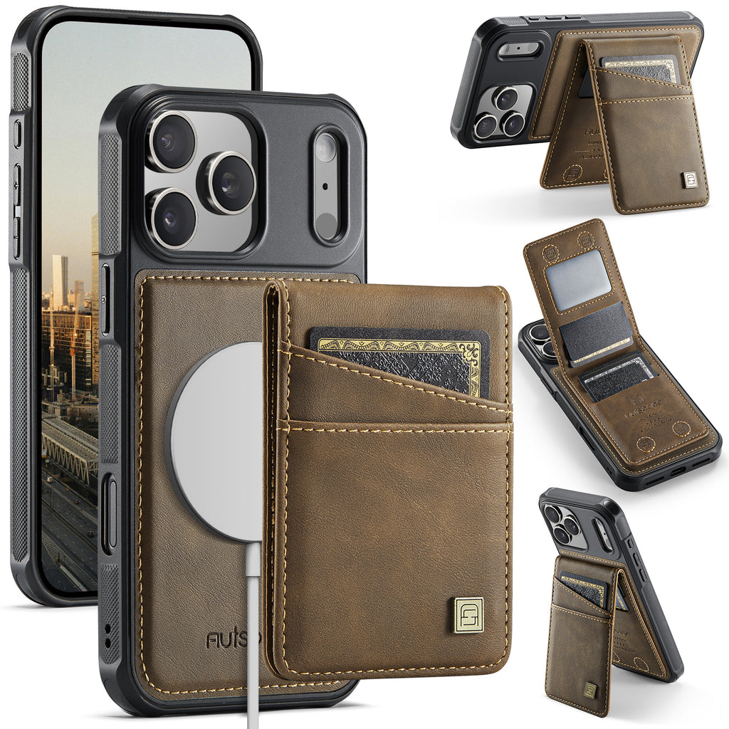 AUTSPACE for iPhone 17 Pro Case  A12 Leather Back Cover with Magnetic Detachable Card Bag Kickstand