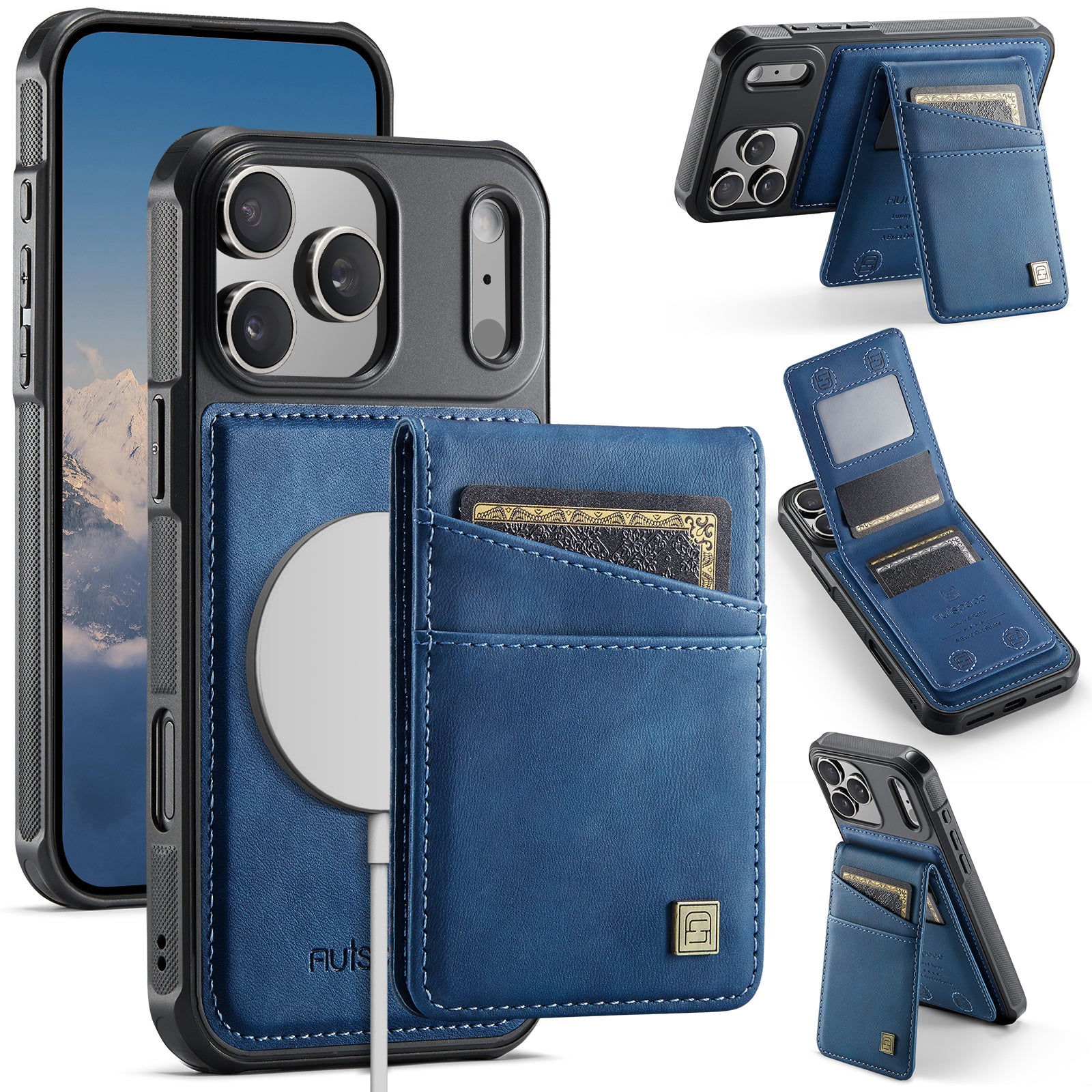 AUTSPACE A12 iPhone 17 Pro Leather Case with Card Bag & Kickstand