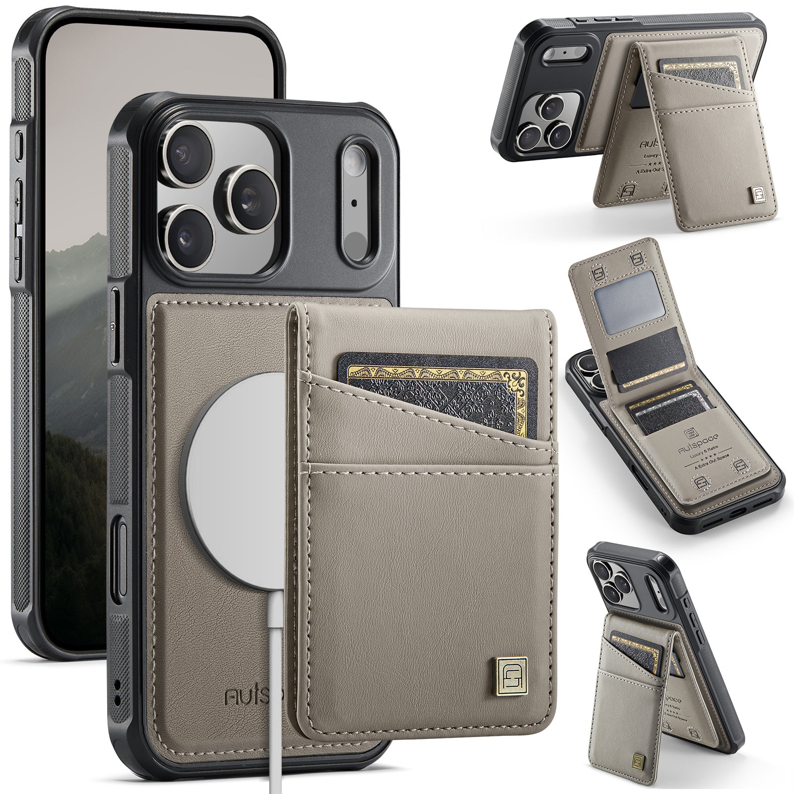 AUTSPACE A12 iPhone 17 Pro Leather Case with Card Bag & Kickstand