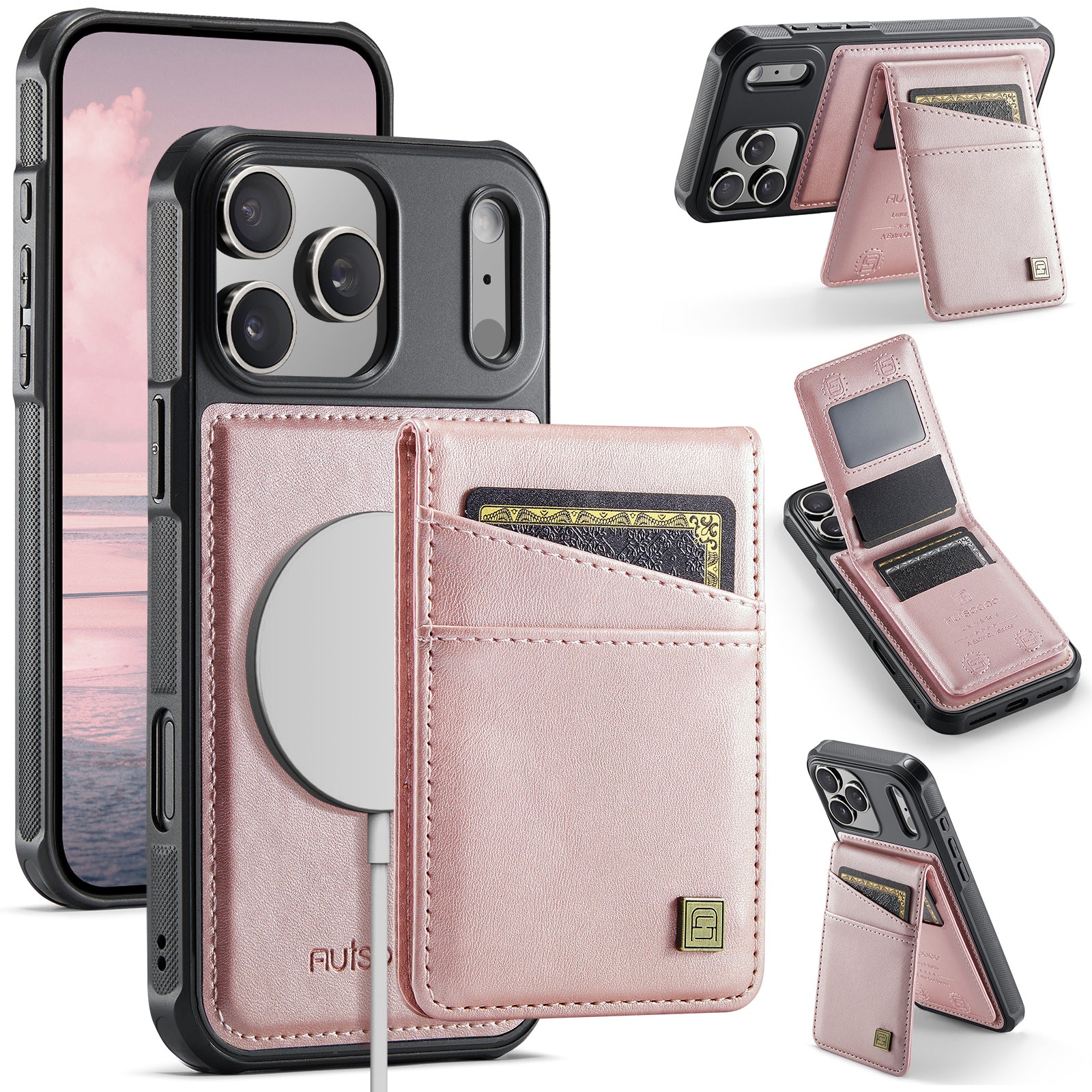 AUTSPACE A12 iPhone 17 Pro Leather Case with Card Bag & Kickstand