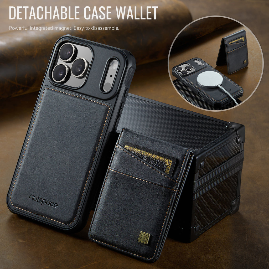 AUTSPACE for iPhone 17 Pro Max Case  A12 Leather Back Cover with Magnetic Detachable Card Bag Kickstand