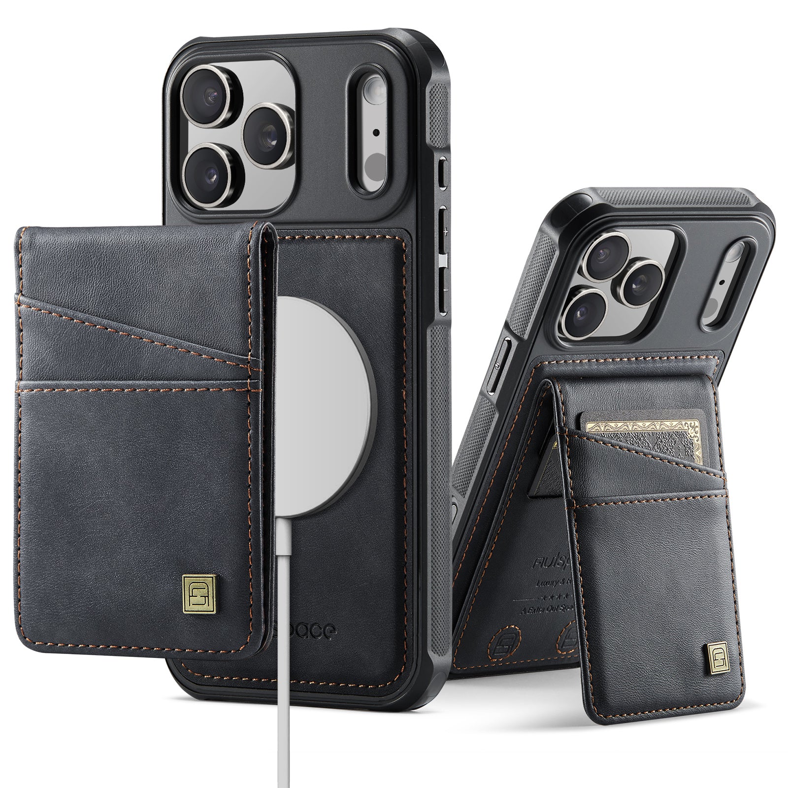 AUTSPACE A12 iPhone 17 Pro Max Leather Case with Detachable Card Bag & Kickstand
