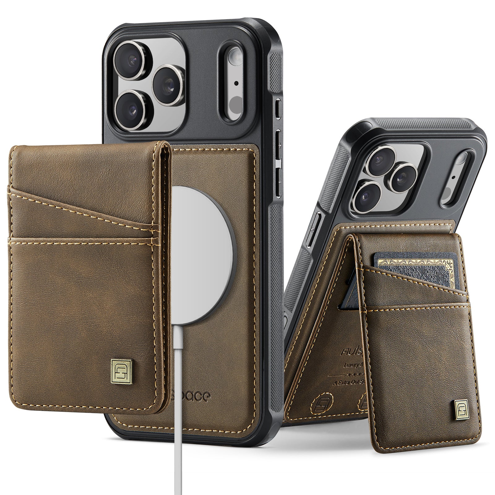 AUTSPACE for iPhone 17 Pro Max Case  A12 Leather Back Cover with Magnetic Detachable Card Bag Kickstand