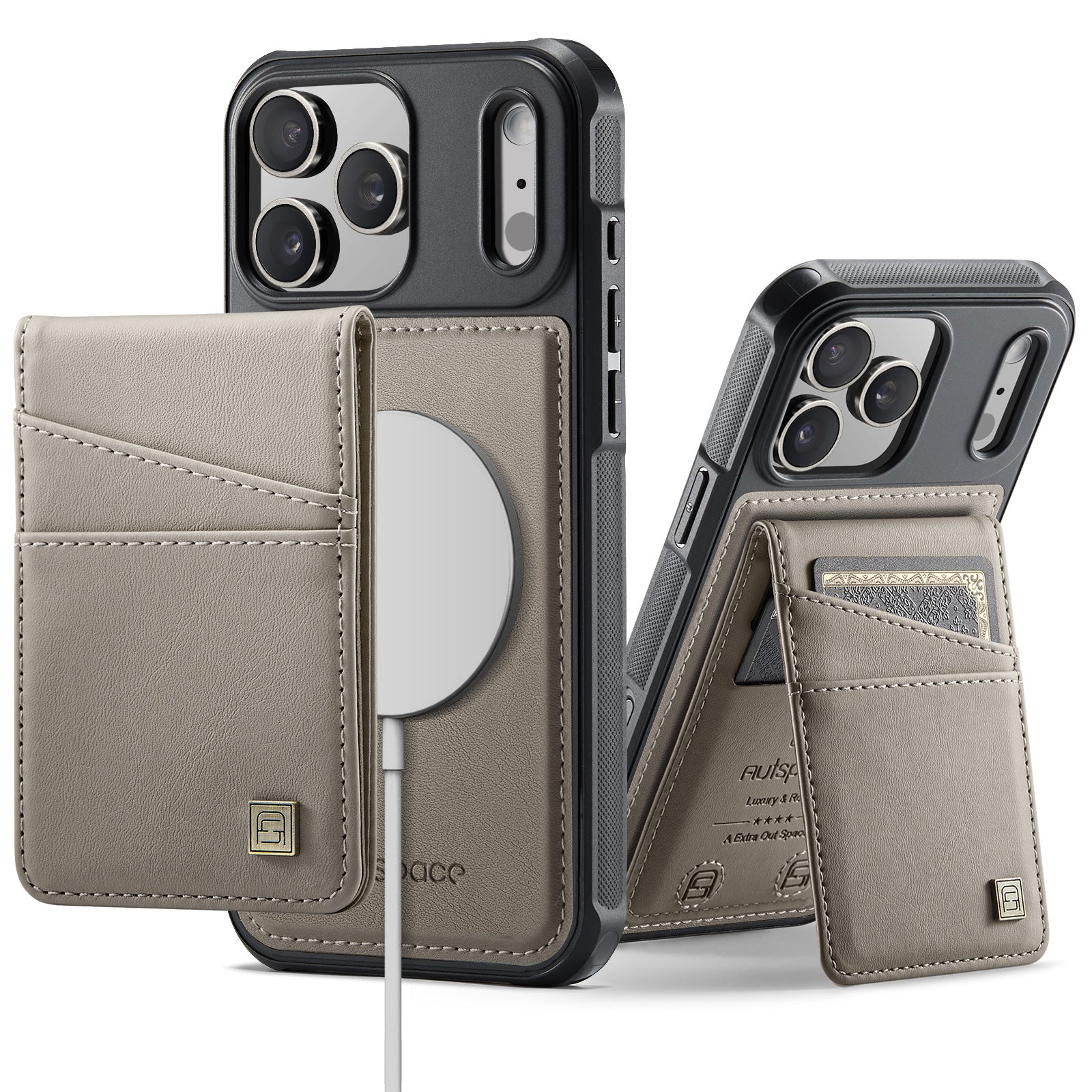 AUTSPACE A12 iPhone 17 Pro Max Leather Case with Detachable Card Bag & Kickstand