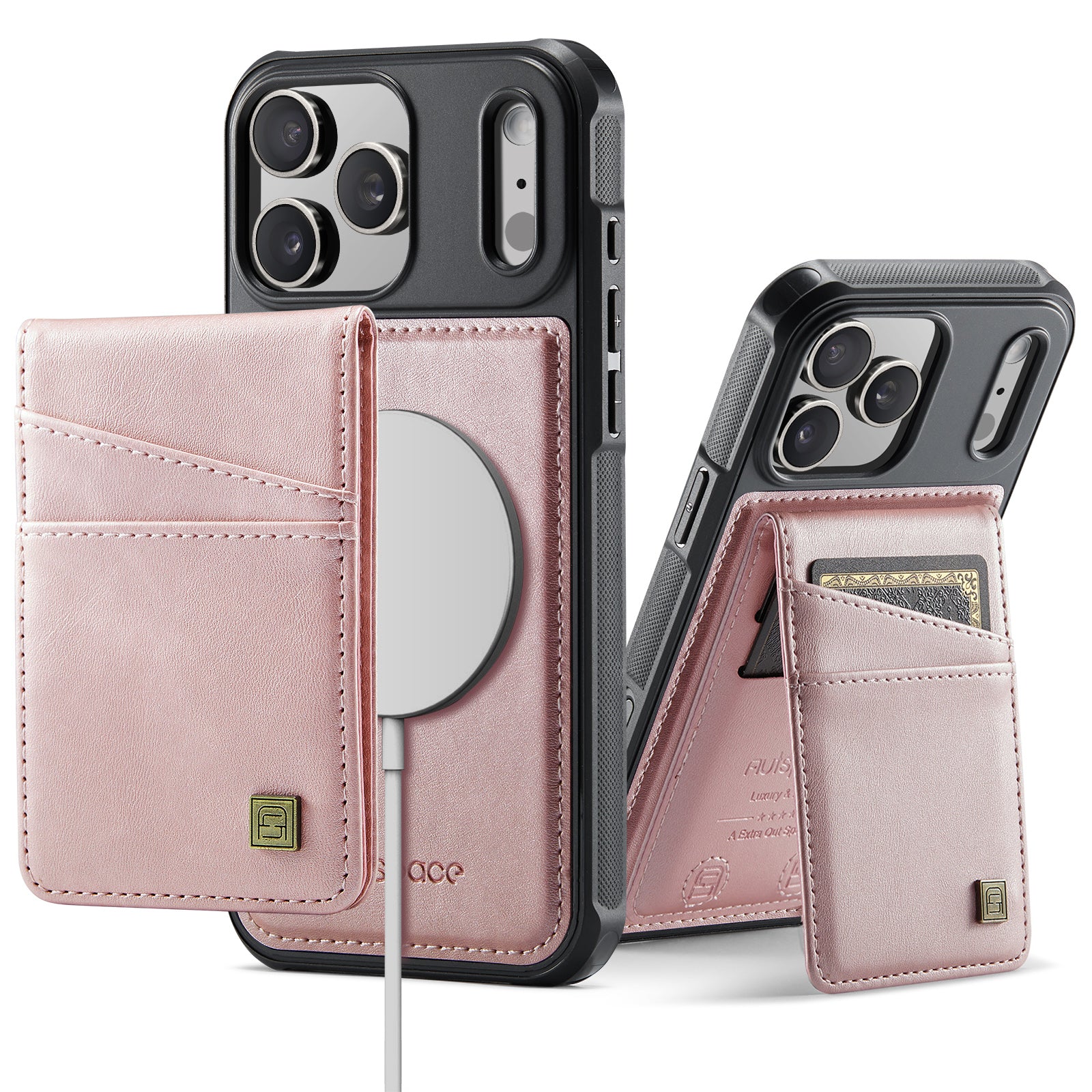 AUTSPACE A12 iPhone 17 Pro Max Leather Case with Detachable Card Bag & Kickstand