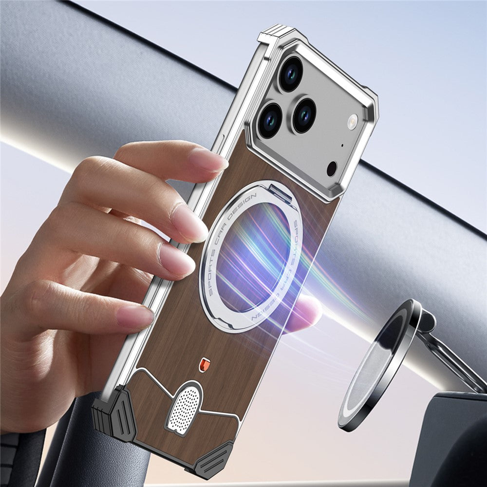 For iPhone 17 Pro Frameless Case Walnut Wood Pattern Rotating Kickstand Metal Snap-on Phone Cover