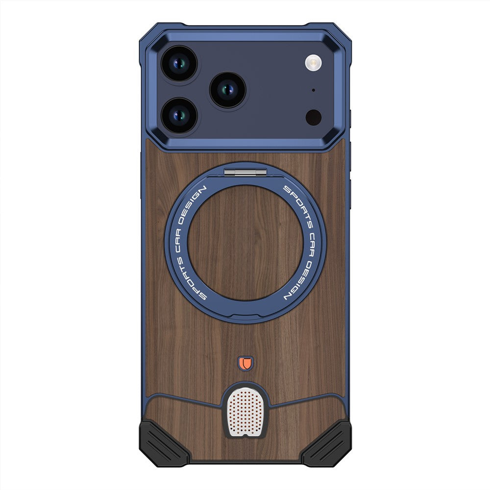 For iPhone 17 Pro Frameless Case Walnut Wood Pattern Rotating Kickstand Metal Snap-on Phone Cover