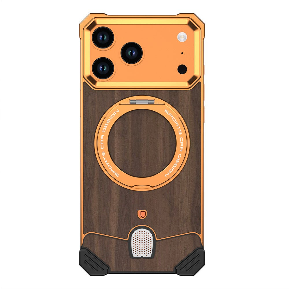 For iPhone 17 Pro Max Frameless Case Walnut Wood Pattern Rotating Kickstand Metal Snap-on Phone Cover
