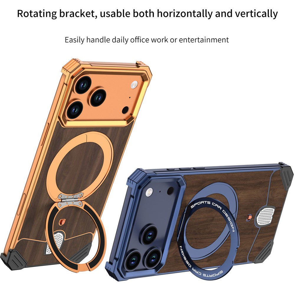 For iPhone 17 Pro Max Frameless Case Walnut Wood Pattern Rotating Kickstand Metal Snap-on Phone Cover