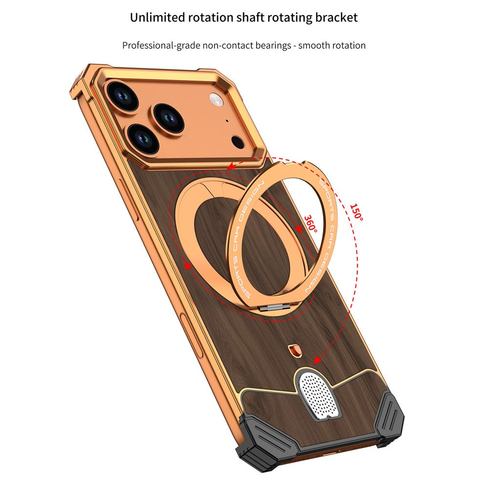 For iPhone 17 Pro Max Frameless Case Walnut Wood Pattern Rotating Kickstand Metal Snap-on Phone Cover
