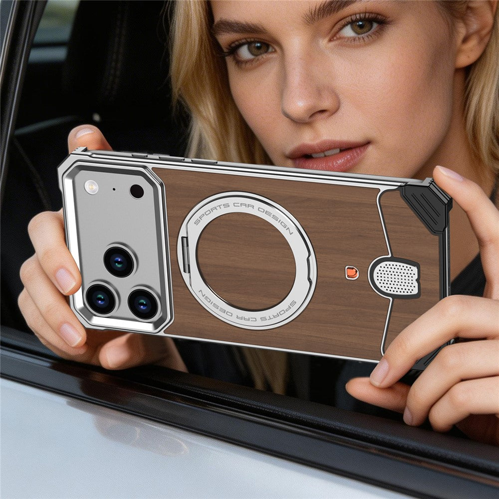 For iPhone 17 Pro Max Frameless Case Walnut Wood Pattern Rotating Kickstand Metal Snap-on Phone Cover